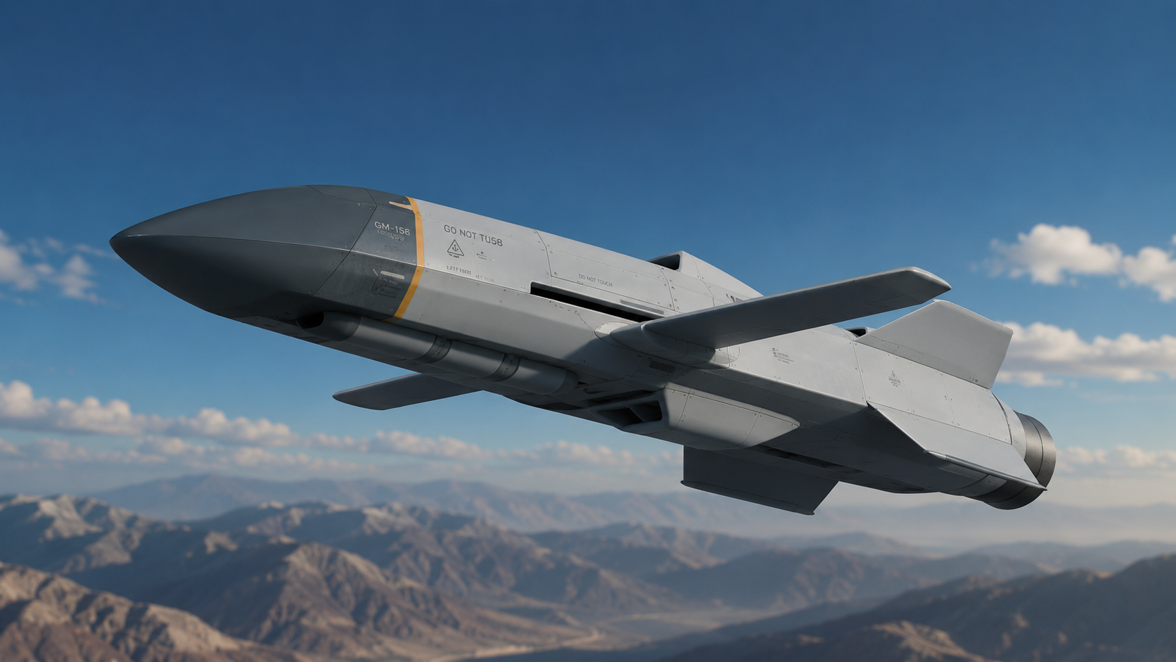 AI-produced product visualization of a detailed aircraft concept over a mountain landscape